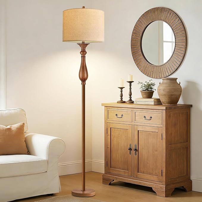 ILLMTW Wood Floor Lamp for Living Room,Bedroom,Vintage Mid Century Modern Standing Lamp with Remote Dimmable,Boho Gold Tall Lamp Fabric Lamp Shade Floor Lights Bohemian Tiffany Style