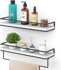 Meangood Floating Shelves Wall Mounted Set of 2, Wall Shelf with Towel Bar Rustic Wood Wall Storage Shelves for Bedroom,Living Room,Bathroom, Kitchen White