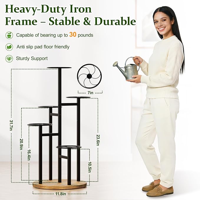5 Tier Plant Stand Indoor Outdoor,Tiered Plant Stands,Wood Plant Shelf for Multiple Plants, Wrought Iron Flower Stand, Tall Plant Rack Shelf for House Patio Garden - BlackKite
