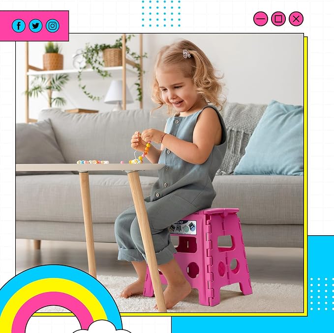 Delxo Folding Step Stool, 13 inch Non-Slip Foldable Stools for Kids & Adults Up to 300 LBS, Step Stool with Handle, Lightweight for Kitchen, Bathroom, Bedroom, Garden, Rose Pink, 1PC