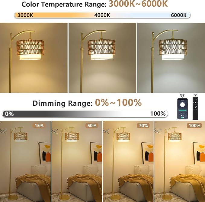 Gold Floor Lamps for Living Room with Remote & Dimmable LED Bulb, Modern Arc Floor Lamp with 3 Color Temperatures, Boho Standing Lamp with Rattan & Fabric Shades, Adjustable Tall Lamp for Bedroom