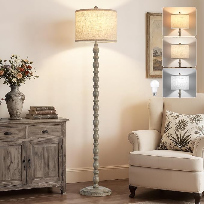 62" Floor Lamps for Living Room,3 Color Temperature Retro Standing Lamp, Vintage Farmhouse Floor Lamp with Rotary Switch, Rustic Resin Tall Lamps for Living Room, Bedroom, Office, Corner(Light Gray)