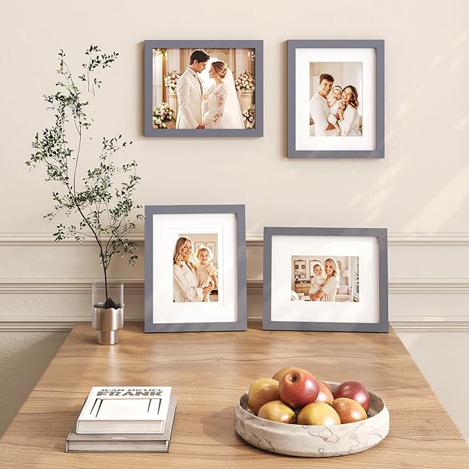 Egofine 8x10 Picture Frame Made of Solid Wood, Covered by Plexiglass for Pictures 4x6 or 5x7 with Mat or 8x10 Without Mat, Table Top Display and Wall Display Photo Frame, Dark Gray