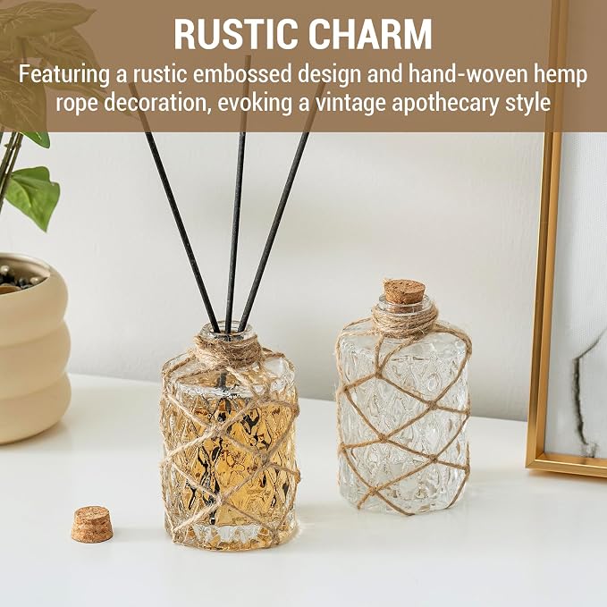 MyGift Set of 2 Rustic Embossed Glass Bud Vases with Cork Lids and Hand-Woven Hemp Rope – Apothecary Style Decorative Bottles for Farmhouse, Vintage, or Boho Home Decor
