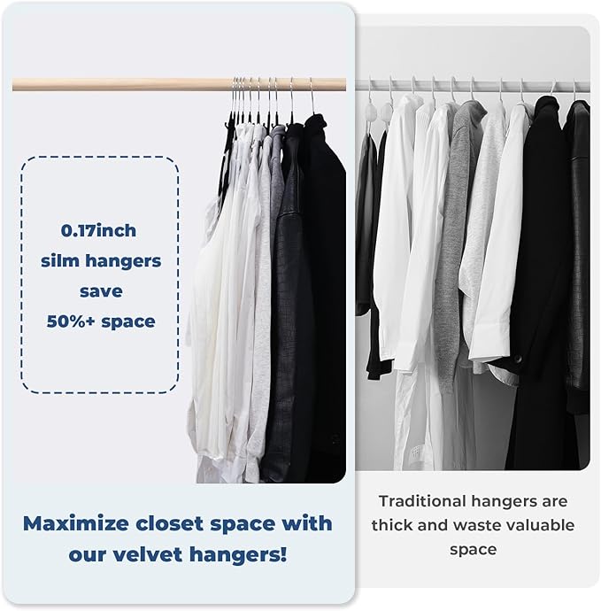 Black Velvet Hangers 50 Pack, Felt Covered Non Slip Fabric with Stackable Cascading Hook, Ultra Thin and Space Saving with 360° Swivel Neck, 15Lbs Capacity for Clothes, Suit, Shirt, Coat