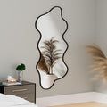 Irregular Wavy Wall Mirror Asymmetrical Shaped Aluminum Alloy Framed Big Unique Full Length Mirror for Living Room Bathroom Bedroom Entryway Fireplace (Black, 47"x21")