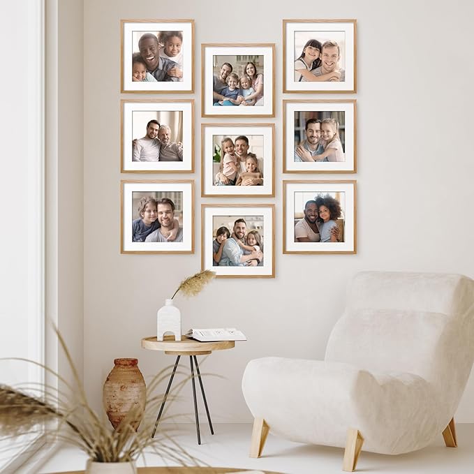 Axeman 12x12 Picture Frame with Mat for 8x8, Solid Oak Wood Square Picture Frame with Tempered Glass, Natural Wooden 12x12 inch Photo Frame for Wall Home Decor Art Photo and Prints, Set of 2, Natural