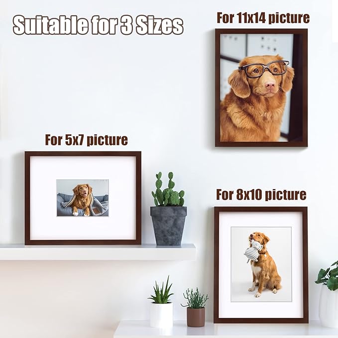 Egofine 11x14 Picture Frame Made of Solid Wood with Plexiglass, Display Pictures 5x7/8x10 with Mat or 11x14 Without Mat for Tabletop and Wall Mounting, Walnut Color