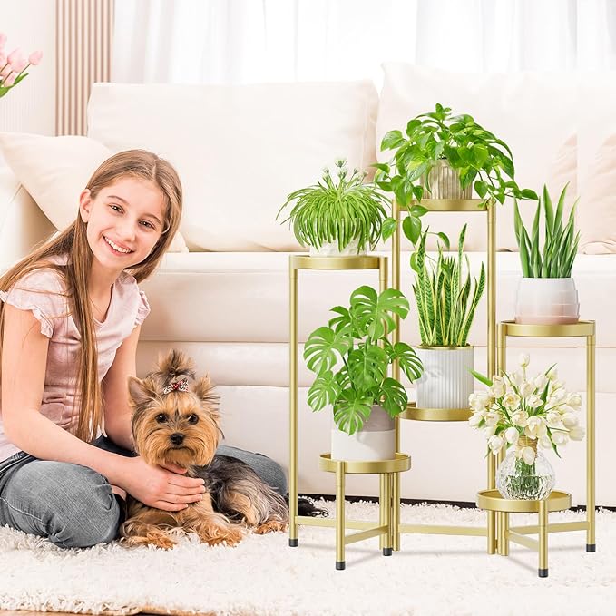 iDavosic.ly Plant Stand Indoor Outdoor, 6 Tier Corner Metal Flower Display Holder Shelf, Folding Tall Orchid Rack for Patio Balcony Porch Garden Living Room House, Gold