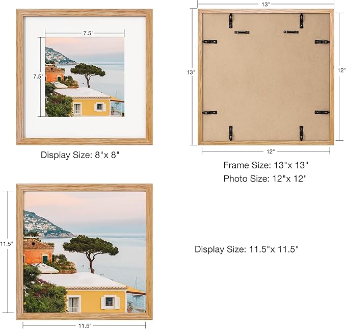 Axeman 12x12 Picture Frame with Mat for 8x8, Solid Oak Wood Square Picture Frame with Tempered Glass, Natural Wooden 12x12 inch Photo Frame for Wall Home Decor Art Photo and Prints, Set of 2, Natural