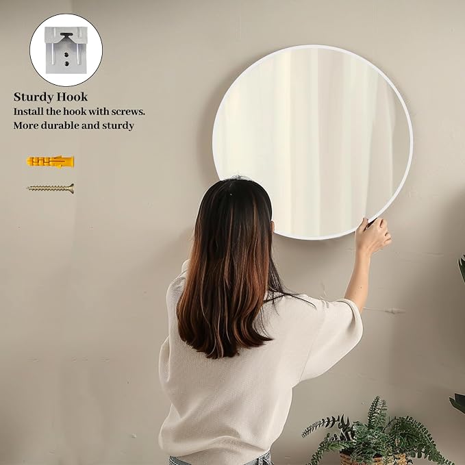 Sunniry White Round Mirror 26 inch, Circle Bathroom Mirror Matte Metal Frame, Circle Mirrors for Living Room, Bathroom, Wall, Hallway.