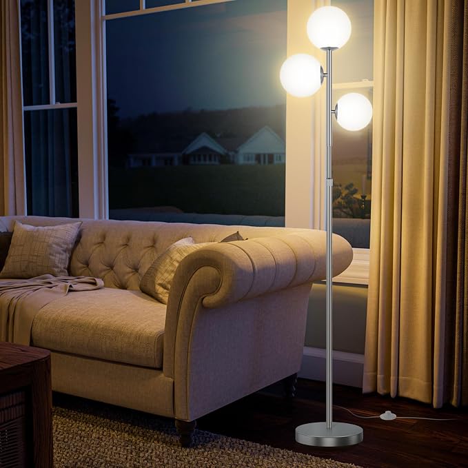 67" Mid Century Floor Lamps for Living Room, 3 Globe Floor Lamp with Frosted Glass Shades, Adjustable Height Standing Lamp with Foot Switch, Tall Lamps for Bedroom Office, G9 Bulbs Included, Silver