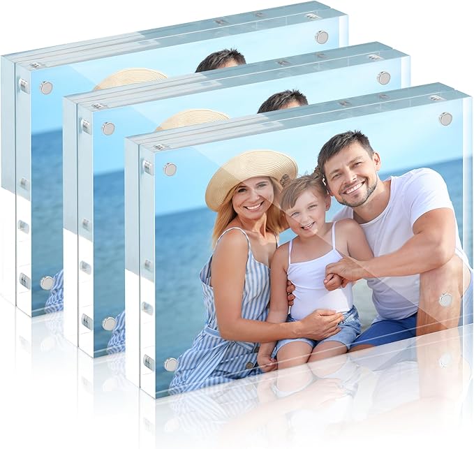 HOUSE DAY Acrylic Picture Frames 4x6, 3 Pack Magnetic 4 x 6 Picture Frame, Double Sided Clear 4x6 Photo Frame with Microfiber Cloth, Frameless FreeStanding 4x6 Frame Gift for Desktop Display