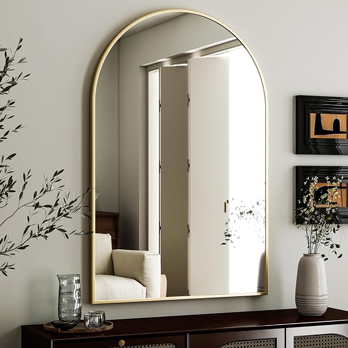 HARRITPURE Arched Wall Mirror – 24"x36" Arch Bathroom Mirror, Gold Metal Frame Vanity Mirrors for Bedroom, Entryway, Living Room Home Decor