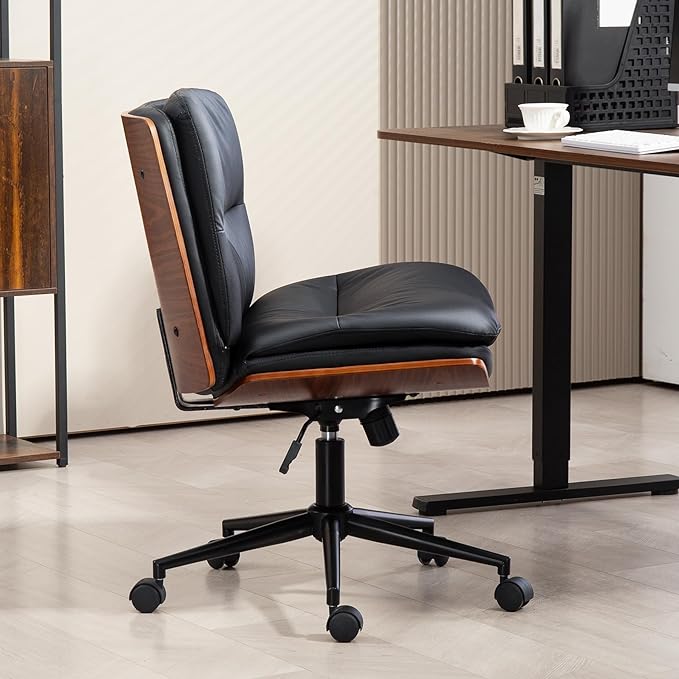 Office Chair, Criss Cross Legged Office Desk Chairs with Wheels, PU Leather Adjustable Swivel Walnut Task Chair with Wide Seat, Ergonomic Mid Back Computer Chair for Meeting Room, Home