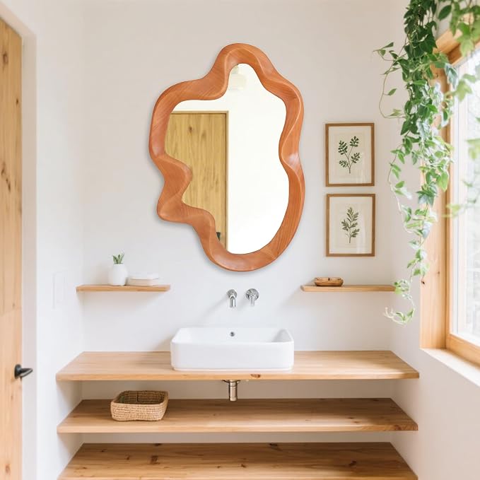 Gluck Plants Irregular Wall Mirror,Wavy Asymmetrical Wood Framed Decorative Mirror, Funky Modern Walnut Unique Large Shaped Decor Wall Mirrors for Entryway,Bedroom, Living Room;21"x32"