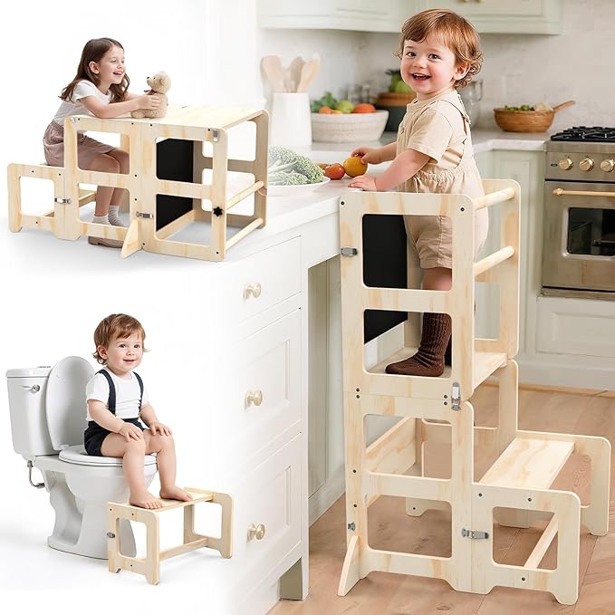 Toddler Kitchen Step Stool, 4-in-1 Foldable Standing Tower with Blackboard, Toddler Step Stool for Bathroom Sink, Kitchen Counter, Ages 18 Months to 4 Years