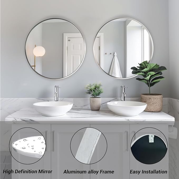 Sunniry Silver Circle Mirror, Round Mirror 20 inch, Round Wall Mirrors with Brushed Aluminum Frame, Circle Mirrors for Living Room, Bathroom, Wall, Hallway.