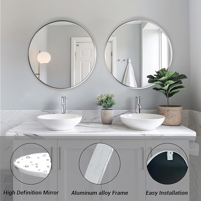 Sunniry Silver Round Mirror 16 inch, Round Wall Mirror with Aluminum Frame, Circle Mirrors for Living Room, Bathroom, Wall, Hallway.