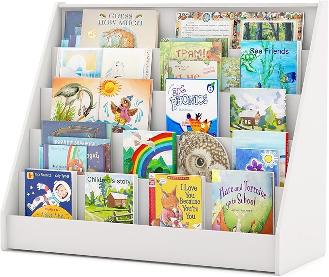 Costzon 5-Tier Kids Bookshelf, Wooden Children Bookcase, Toddler Book Rack, Magazine Storage & Display Shelf, Book Shelf for Kids Room, Living Room, Nursery, Classroom (White)