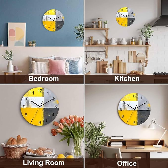 Abstract Style Wall Clock Battery Operated Non-Ticking 12" Round Wood Clocks, Yellow Gary Color Block Oil Painting Kitchen Wall Clock for School Bathroom Living Room Home Office Wall Decor