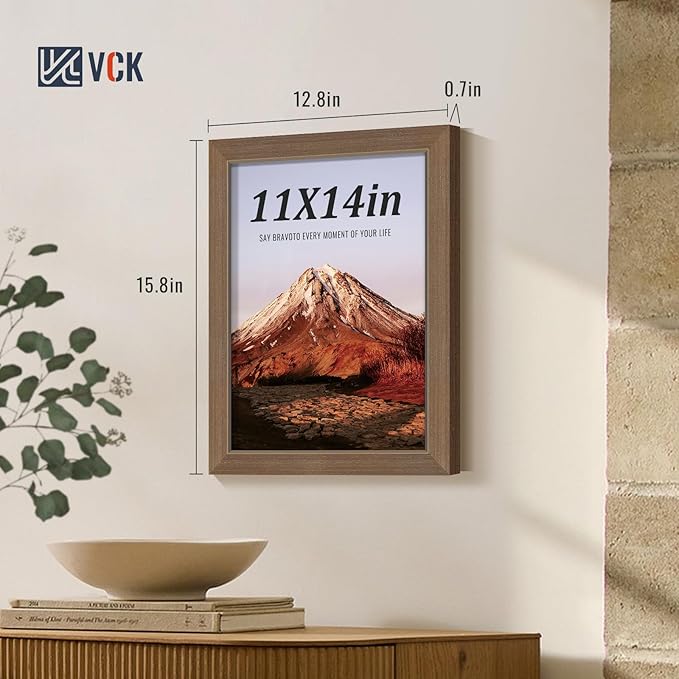 VCK 11x14 Brown Picture Frames 3 Pack, High-End Wood Wide Border Poster Frame, Multi-Directional Display Family Photos, Office Prints, Studio/Gallery/Home Artwork