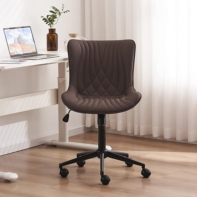 YOUNIKE Office Chair, Armless Desk Chair with Wheels, Home Office Computer Task Chairs, Modern Faux Leather Upholstered Vanity Chair, Adjustable Swivel Rocking Chair with Back, Espresso Brown