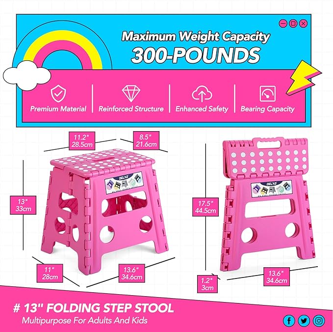 Delxo Folding Step Stool, 13 inch Non-Slip Foldable Stools for Kids & Adults Up to 300 LBS, Step Stool with Handle, Lightweight for Kitchen, Bathroom, Bedroom, Garden, Rose Pink, 1PC