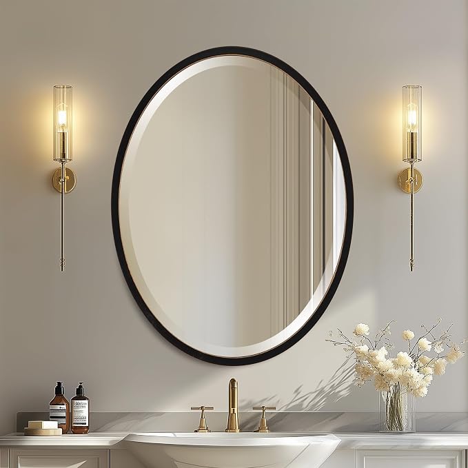OVALCREST - Oval Wooden Beveled Wall Mirror for Home Decor, Bathroom, Vanity, Bedroom, Living Room, Hallway - London Style (Rubbed Black) 17.1 x 13.1