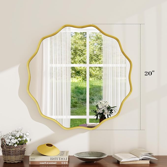 Round Wavy Mirror, 20 Inch Metal Frame Circle Mirror, Round Wall Mounted for Entryway, Bathroom, Vanity, Living Room, Gold