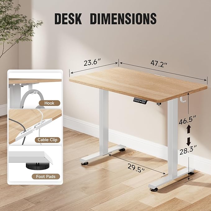 Veken 47.2 Inch Electric Standing Desk, Height Adjustable Sit Stand Up, Wood Desktop, Work Home Office Computer PC Desks, Gaming Writing Study Bedroom Rising Table, Nature