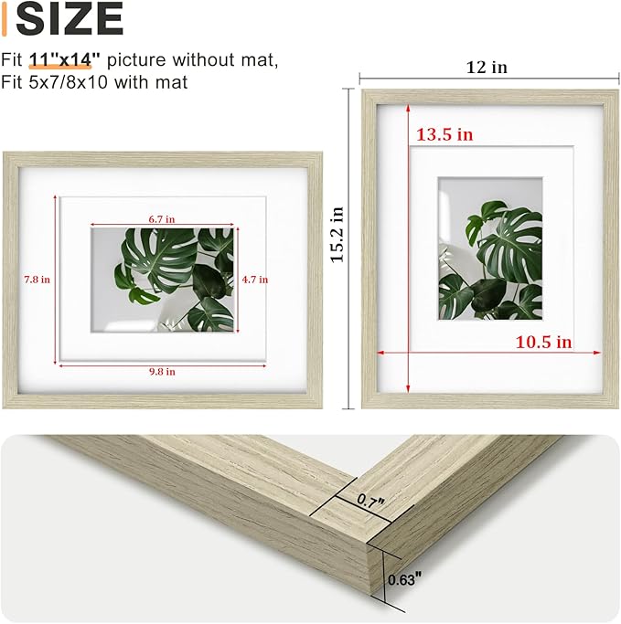 Egofine 11x14 Picture Frame Made of Solid Wood Covered by Plexiglass, Display Pictures 5x7/8x10 with Mat or 11x14 Without Mat for Table Top Display and Wall Mounting Photo Frame, Distressed Wood Grain
