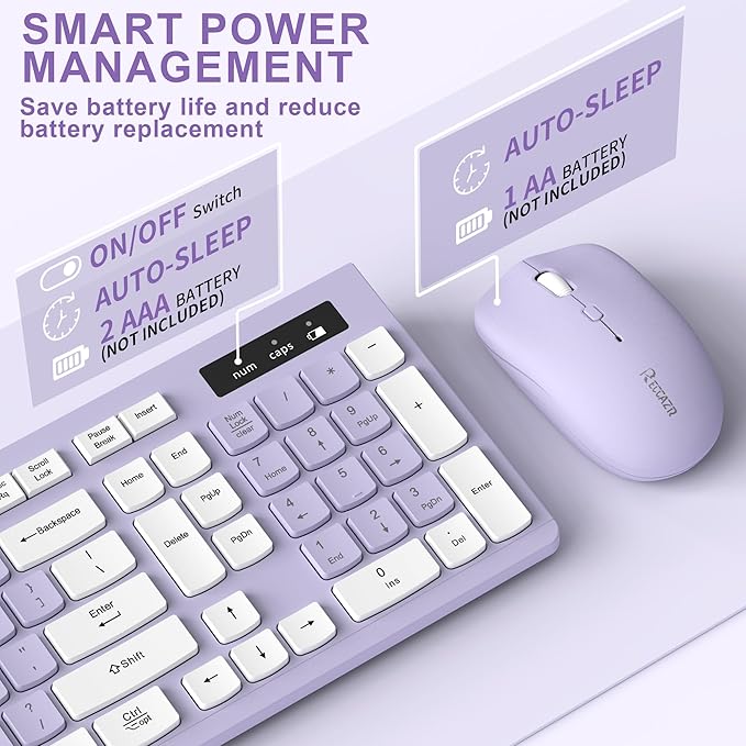 Wireless Keyboard and Mouse Combo, Full-Sized Wireless Keyboard and Adjustable DPI Mouse, 2.4GHz USB Receiver, Silent Keyboard and Mouse for PC, Windows, MAC, Desktop, Laptop(Purple)