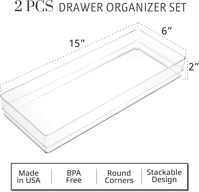 STORi SimpleSort 2-Piece Stackable Clear Drawer Organizer Set | 15" x 6" x 2"