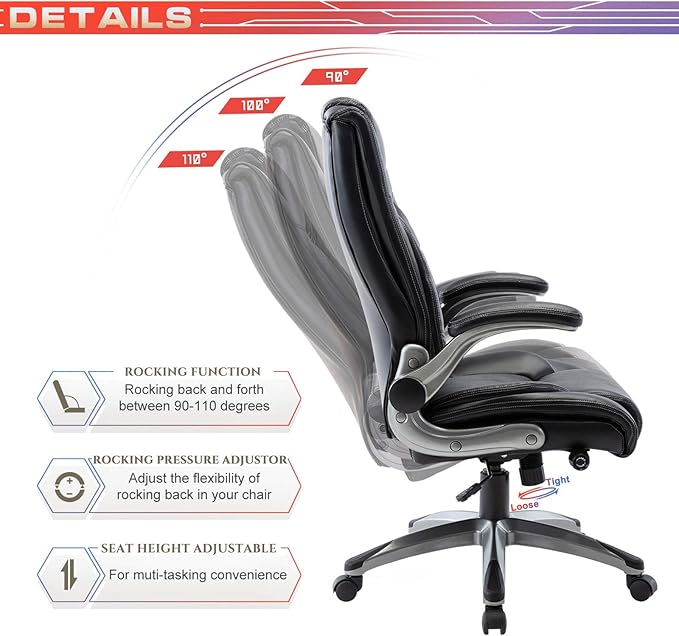 COLAMY Ergonomic Office Chair, High Back Leather Desk Chair with Adjustable Lumbar Knob, Thick Cushion Seat, Flip-up Armrests, Rocking Function, Computer Chair for Home Office, Black