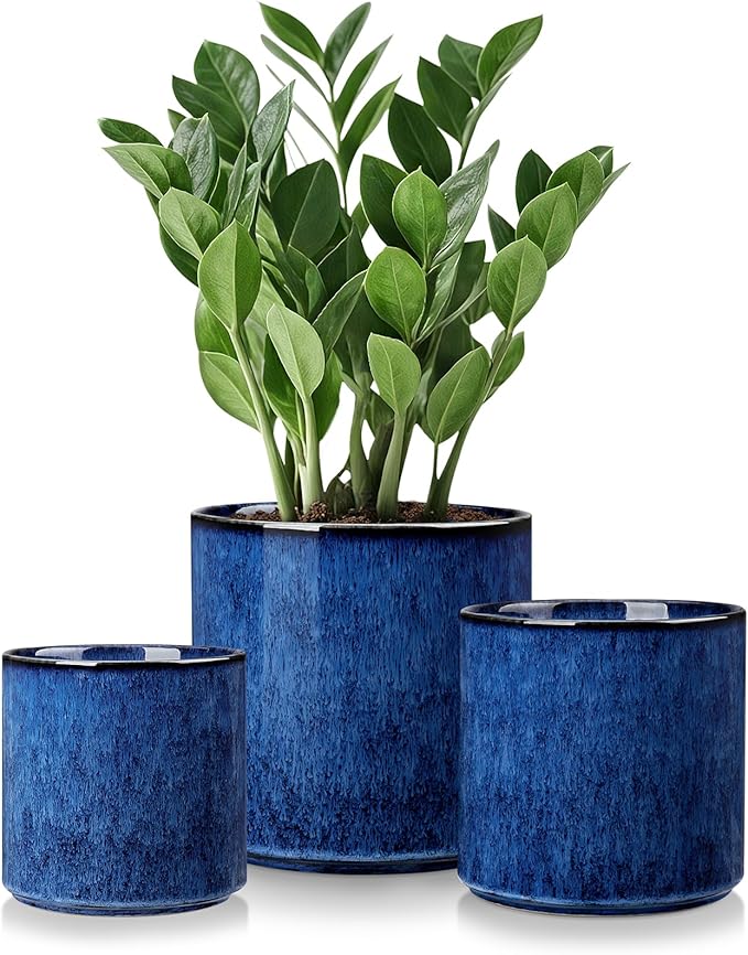 vancasso Ceramic Plant Pots, 4.25+5.25+6.25 Inch Planter Pot with Drainage Hole, Flower Pots for Indoor Outdoor Plants, Set of 3, Blue