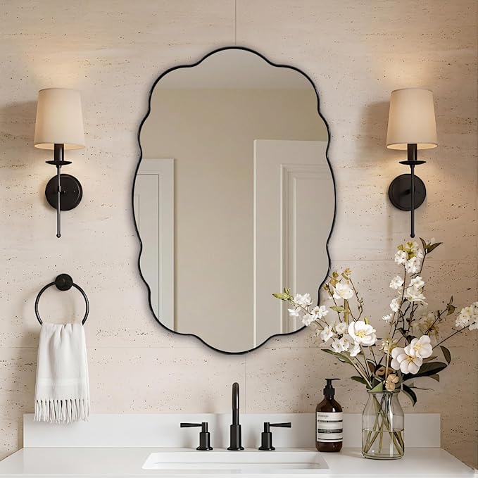 ANDY STAR Black Wavy Oval Mirrors for Bathroom, 30x40 Inch Large Wavy Scalloped Wall Mirror, Anti Rust Stainless Steel Metal Frame, Wall Mount Horizontal or Vertical