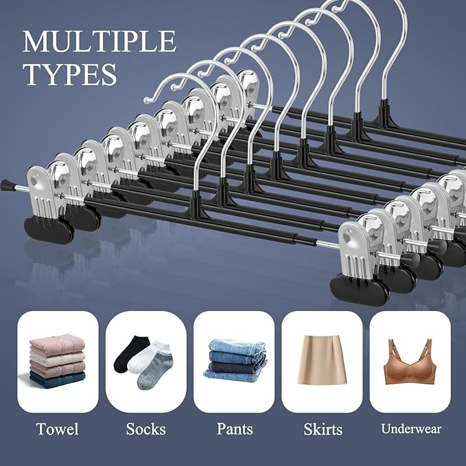 Clothes Pants Hangers with Wide Clips 10 Pack,Non-Slip Adjustable Skirt Hanger for Women,Space-Saving Heavy Duty Men Hangers for Pants,Trousers,Jeans,Shorts 12Inch Black