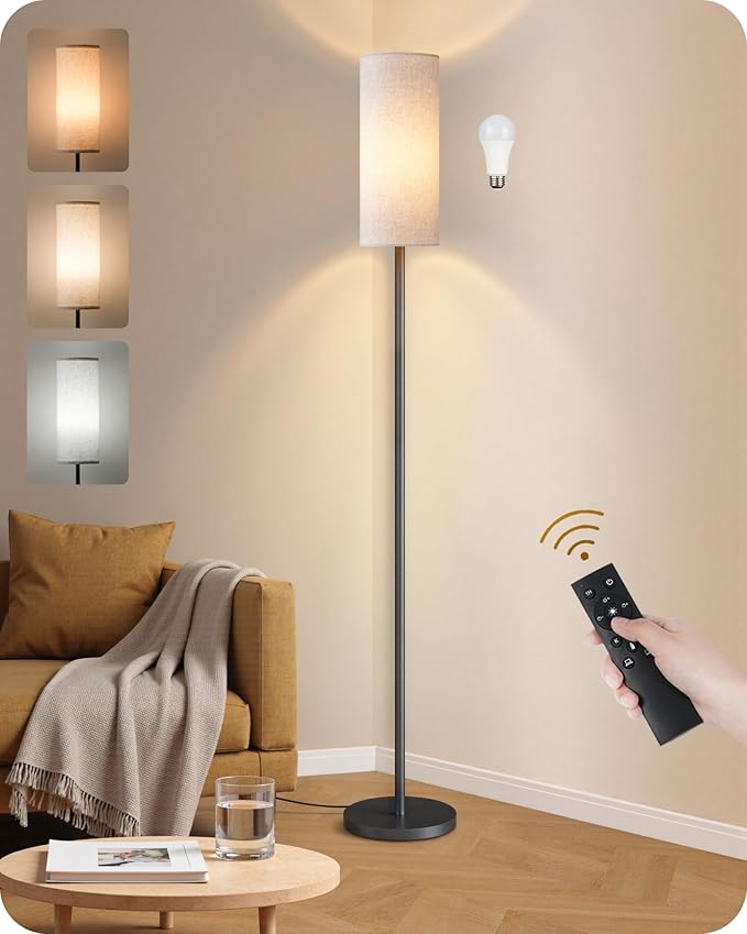 Dimmable Floor Lamp for Living Room with Remote and Foot Switch, Corner Floor Lamp, 64.4" Standing Tall Lamp, 10W 900LM LED Bulb Included, 3000K-6500K, Linen Shade, Weighted, FCC Listed W06LD05W1
