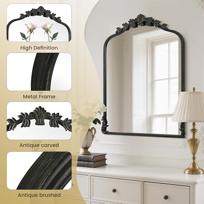 WallBeyond Black Antique Mirror for Vanity 24x32 Inch, Black Vintage Mirror with Ornate Frame, Arched Vintage Wall for Bathroom, Living Room, Fireplace