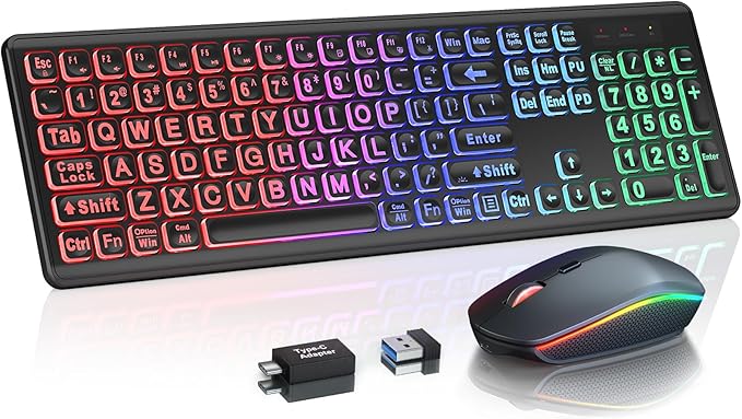 Wireless Keyboard and Mouse Combo, RGB Backlit, Rechargeable & Light Up Letters, Full-Size, Soft Typing, Sleep Mode, 2.4GHz Quiet Keyboard Set for Mac, Windows, Laptop, PC, Trueque (Matte Black)