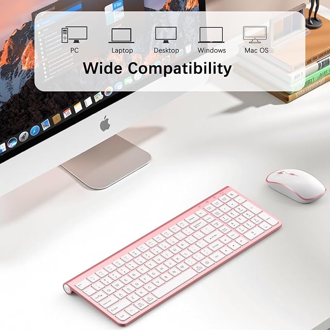 JOYACCESS Pink Wireless Keyboard and Mouse, Typewriter Keyboard Wireless, Ergonomic and Quiet Computer Mouse for for Desktop/PC/Laptop/Surface/Smart TV and Windows 10/8/ 7