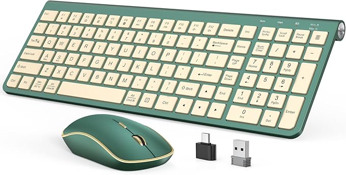 JOYACCESS Wireless Keyboard and Mouse Combo,2.4G Ergonomic Typewriter Keyboard with Type-C Receiver and Adjustable Tilt for Computer, Windows,Desktop, PC, Laptop-Cangling Green