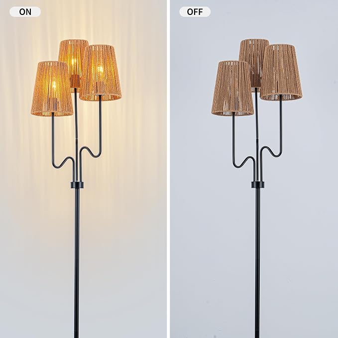 MAYNA 68" Boho Rattan Floor Lamp, 3-Light Black Tree Floor Lamp with Hand-Woven Wicker Shades, Tall Standing Lamp with Foot Switch for Living Room, Bedroom, Nursery, Rustic Farmhouse Decor
