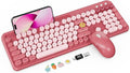 Wireless Keyboard and Mouse Combo with Phone/Tablet Holder, Cute Full-Size Typewriter-Style Keyboard, Retro Round Keycaps, 3-Level DPI Mouse, 2.4GHz Cordless Connection for Windows/PC/Laptop (Pink)