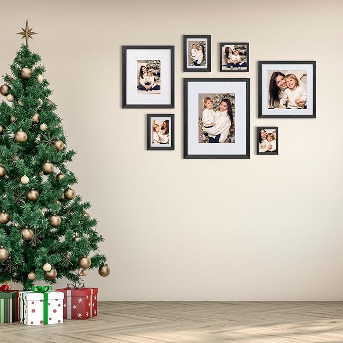 Egofine 11x14 Picture Frame Made of Solid Wood with Plexiglass, Display Pictures 5x7/8x10 with Mat or 11x14 Without Mat for Tabletop and Wall Mounting, Rustic Black