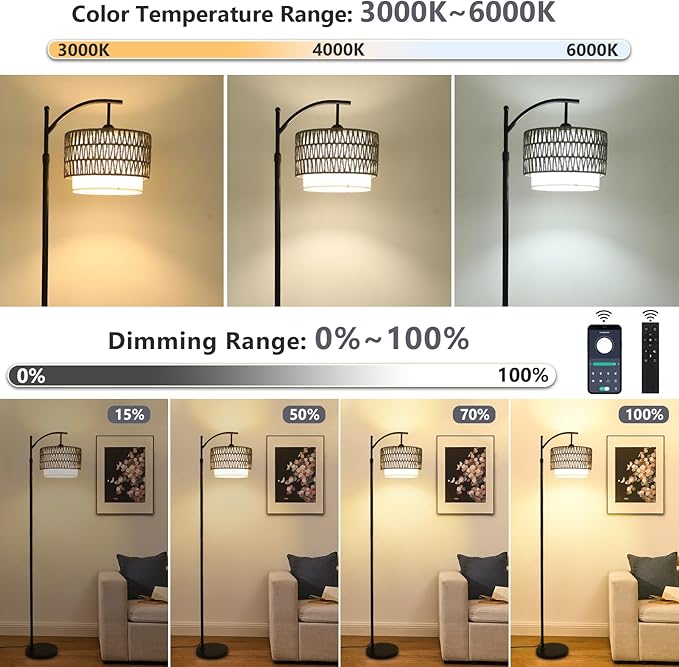 eyassi Floor Lamps for Living Room, Arc Standing Lamp with Remote & Dimmable Bulb, Boho Rattan Floor Lamp for Bedroom with 3 Color Temperatures, Farmhouse Tall Lamp, Height Adjustable Stand up Lamp