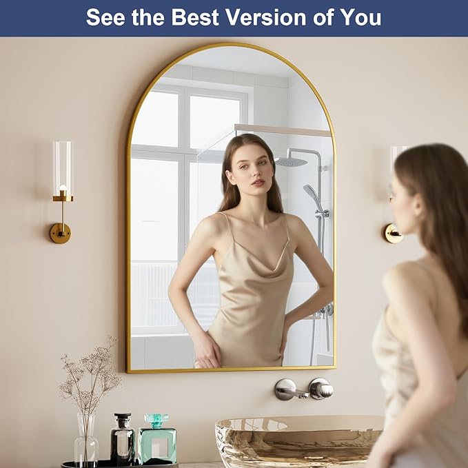 HARRITPURE Arched Bathroom Mirror - 30"x48" Gold Large Wall Mounted Vanity Mirror Aluminum Alloy Frame Arch Wall Mirror for Living Room, Bedroom, Entryway