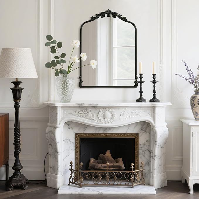 WallBeyond Black Antique Mirror for Vanity 24x32 Inch, Black Vintage Mirror with Ornate Frame, Arched Vintage Wall for Bathroom, Living Room, Fireplace
