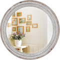 24'' Round Wall Mounted Mirror, Wood Decorative Circle Mirrors, Boho Mirrors with Beaded Frame, Rustic Vanity Mirror, Distressed Mirror for Bathroom, Living Room, Bedroom, Entryway